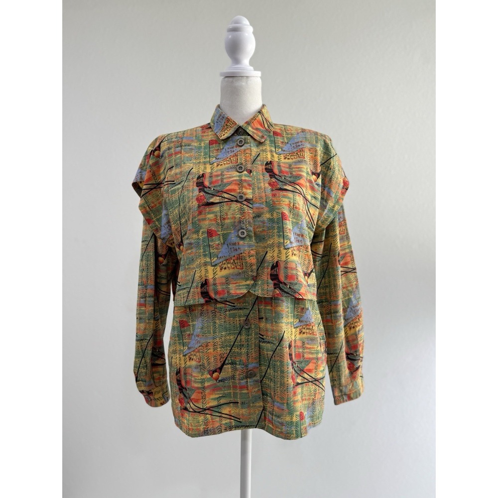 Vtg Francis Laurent Button Up Shirt Attached Vest Golf Print Long Sleeve S